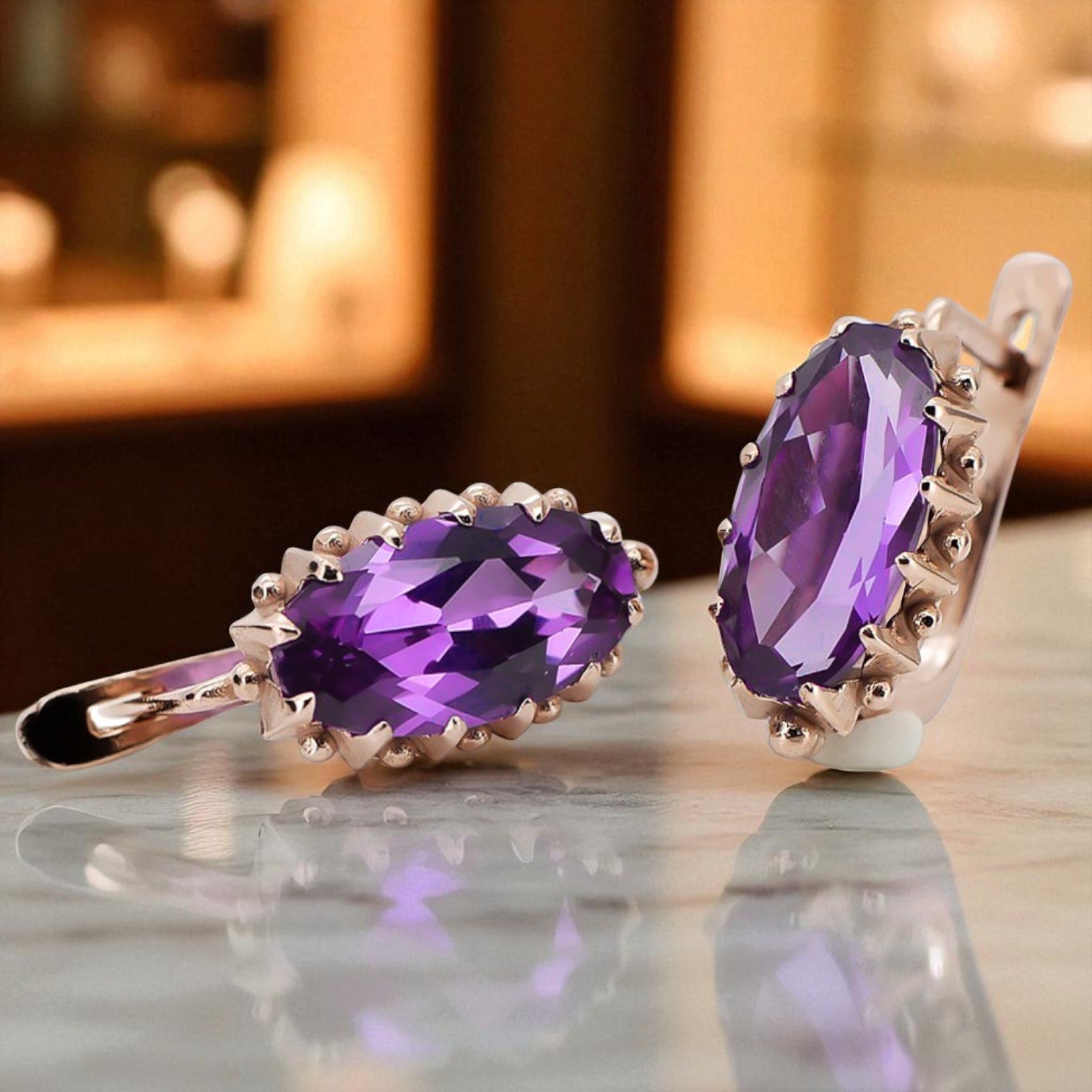Rose pink 14k 585 gold amethyst earrings vec174 Vintage vec174r-am