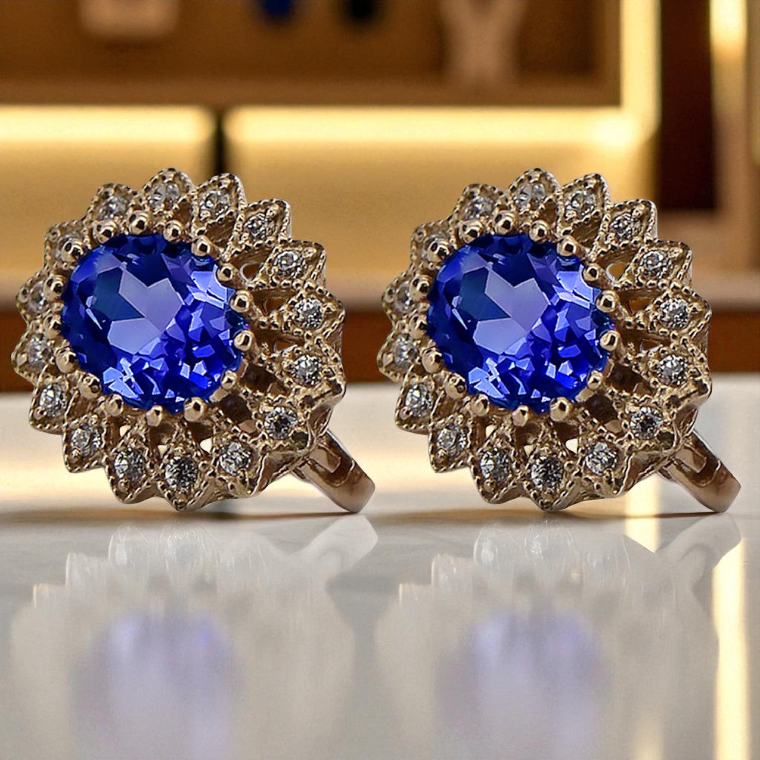 Vintage 14k Pink Gold Sapphire Earrings with Zirconia vec125r-sp