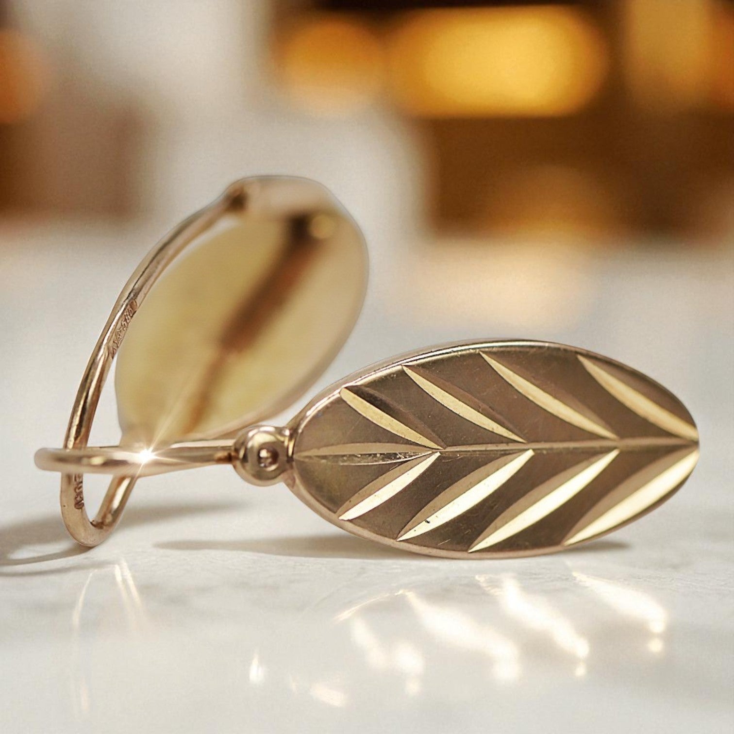 Vintage rose pink 14k 585 gold Vintage leaf earrings ven116