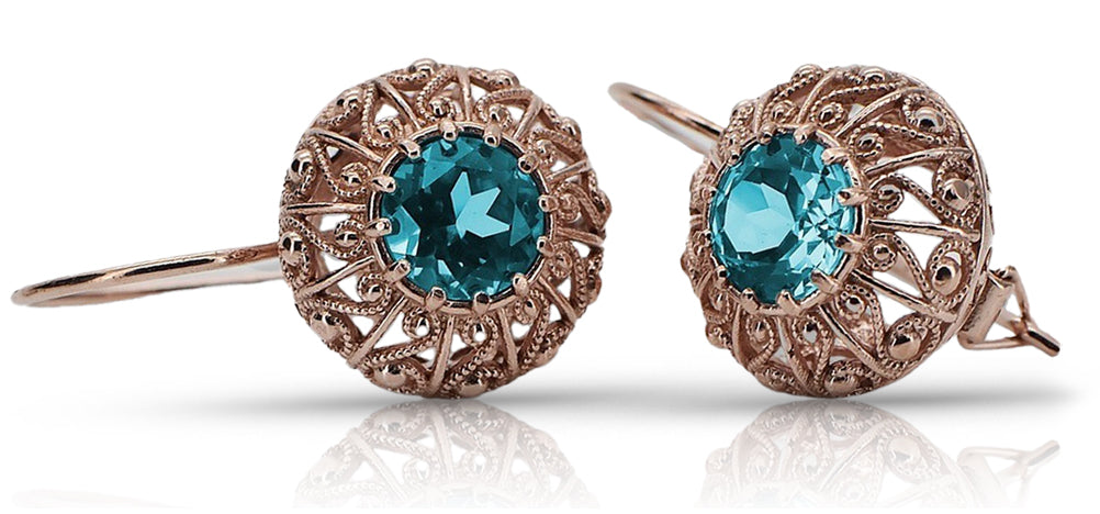 Vintage rose pink 14k 585 gold aquamarine earrings vec002 Russian Soviet style vec002r-aq
