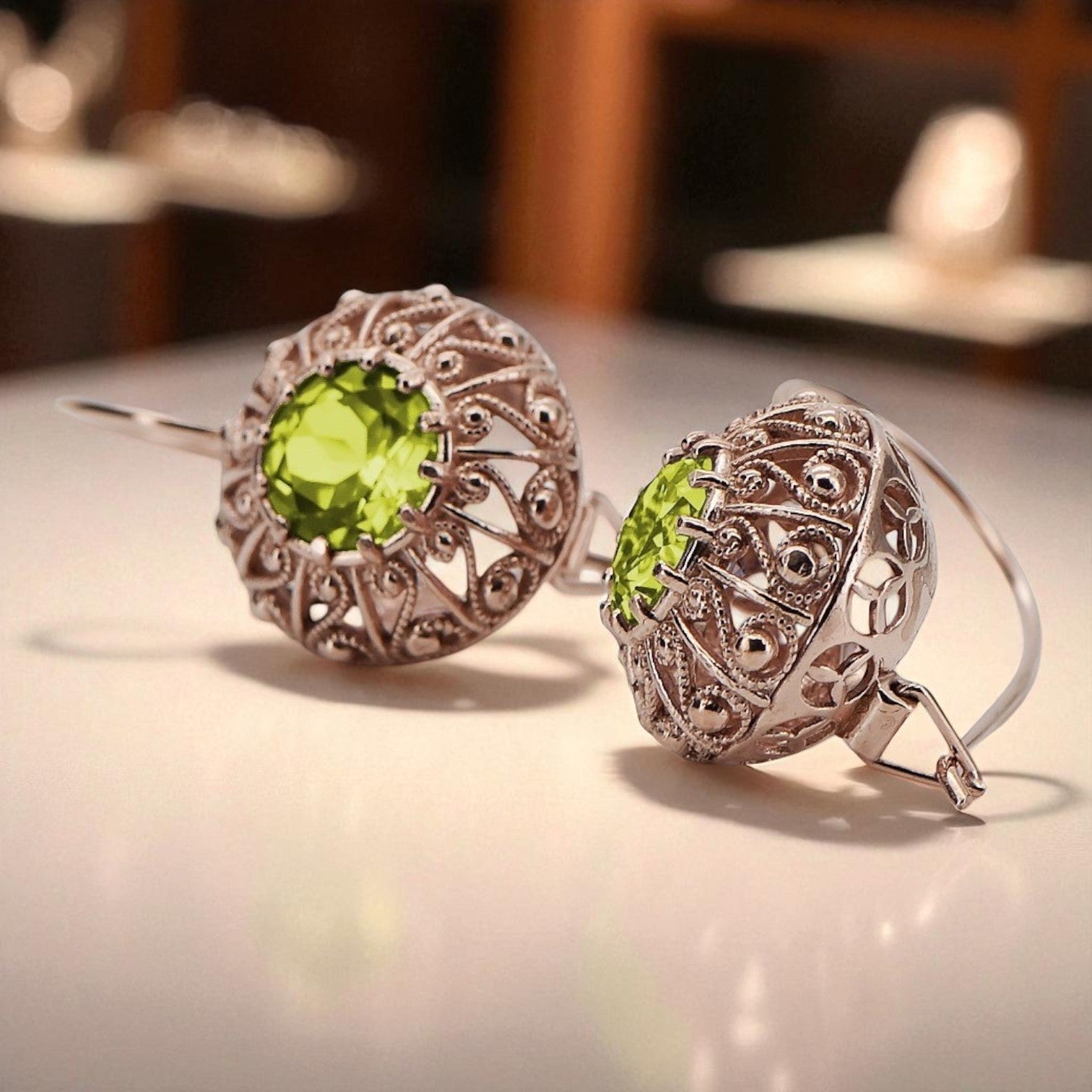 Vintage rose pink 14k 585 gold peridot earrings vec002 Russian Soviet style vec002r-yp