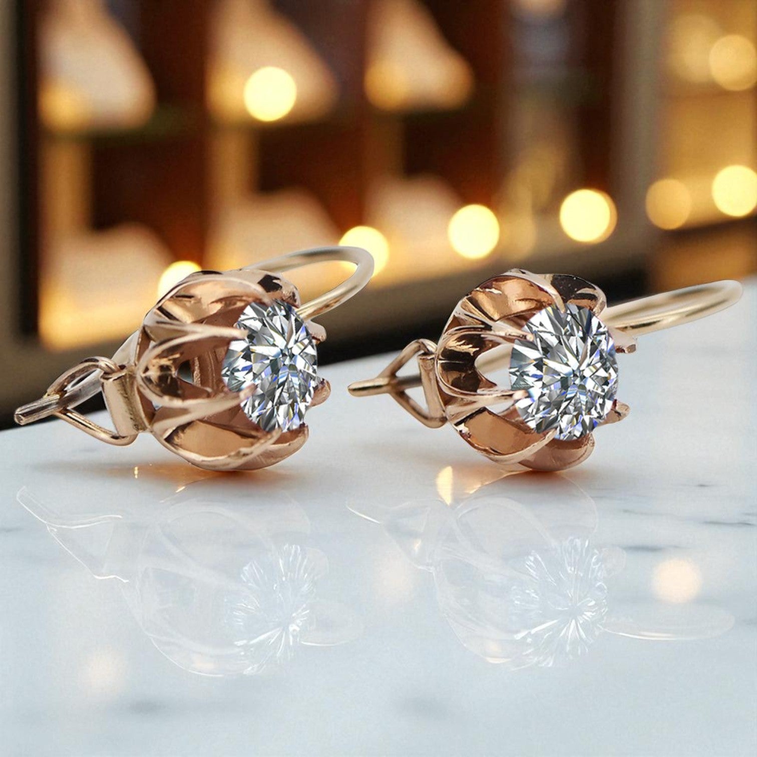 Vintage rose pink 14k 585 gold zircon earrings vec062 vec062r-zi