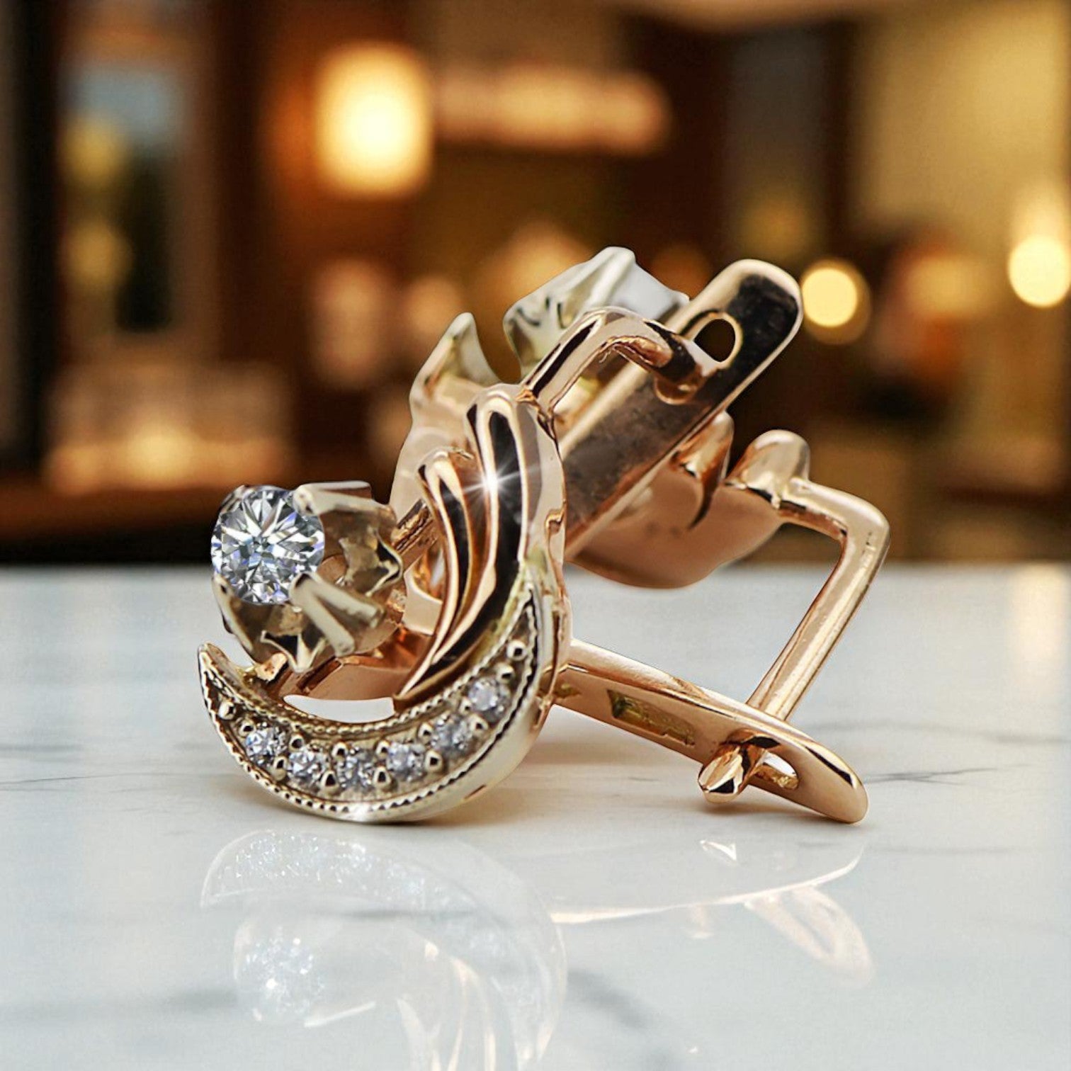 Earrings Vintage style Zircon Original Vintage 14K Rose White Gold vec093rw vec093rw-zi