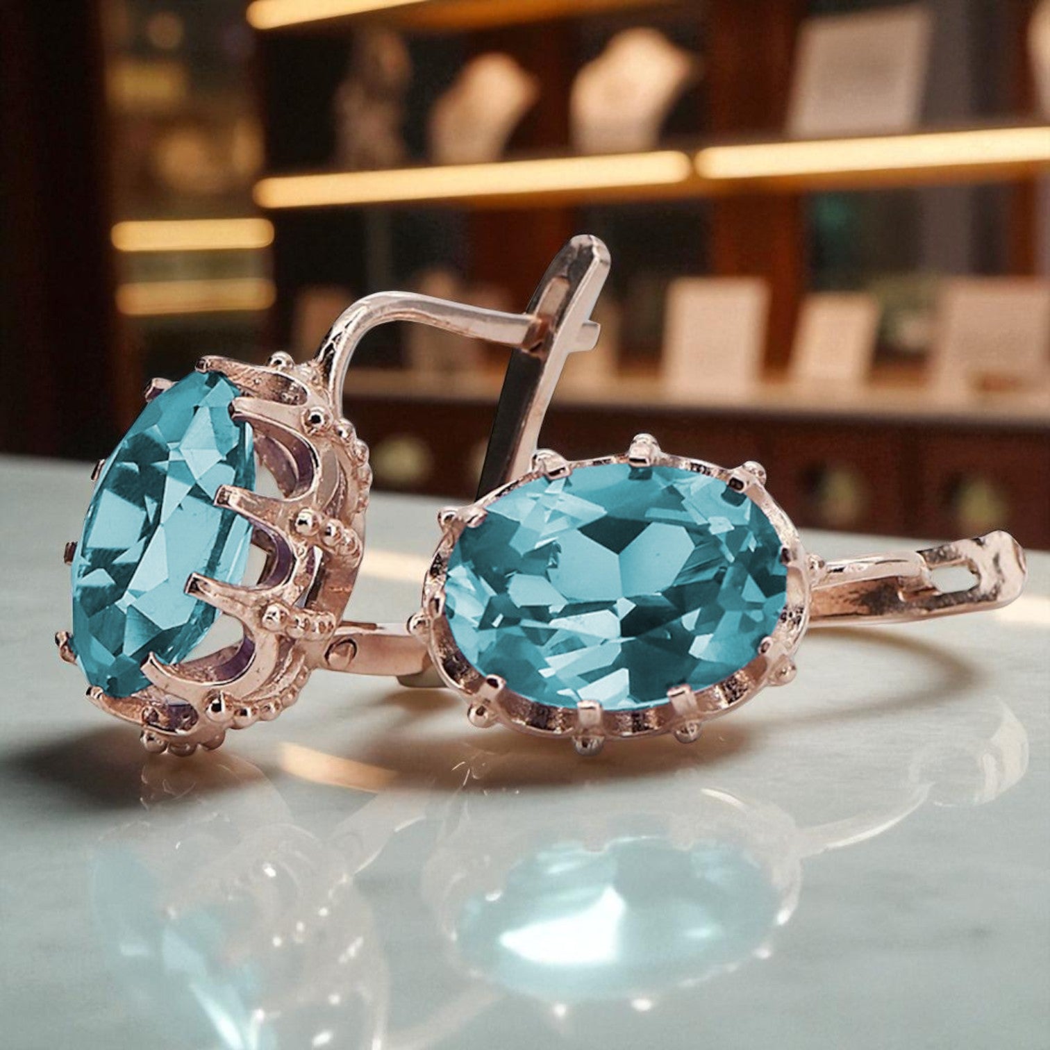 Vintage rose pink 14k 585 gold aquamarine earrings vec079 Vintage vec079r-aq