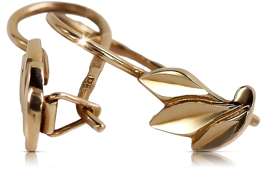 Vintage rose pink 14k 585 gold  Vintage leaf earrings ven028