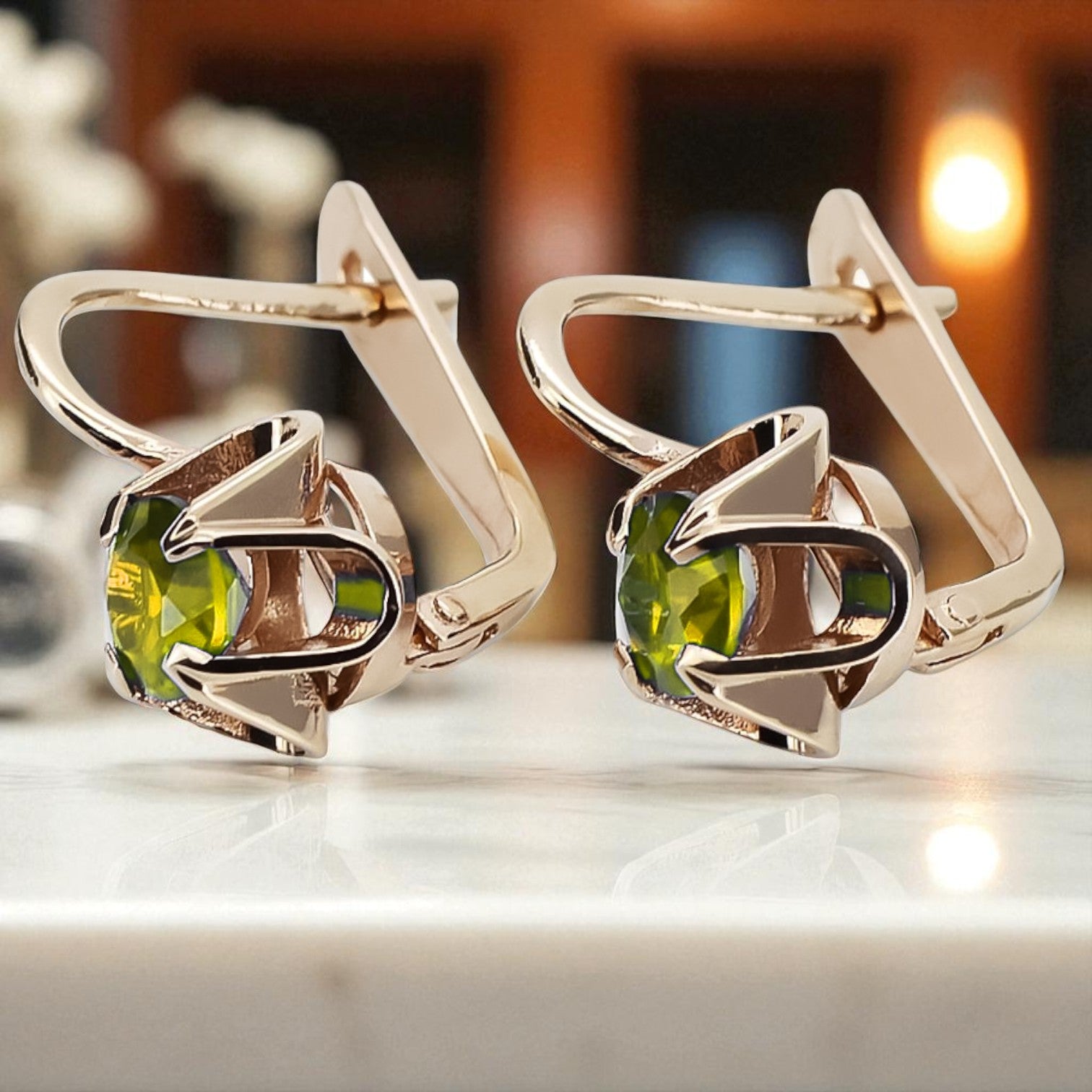 Vintage rose pink 14k 585 gold Peridot earrings vec018 Russian Soviet style vec018r-yp