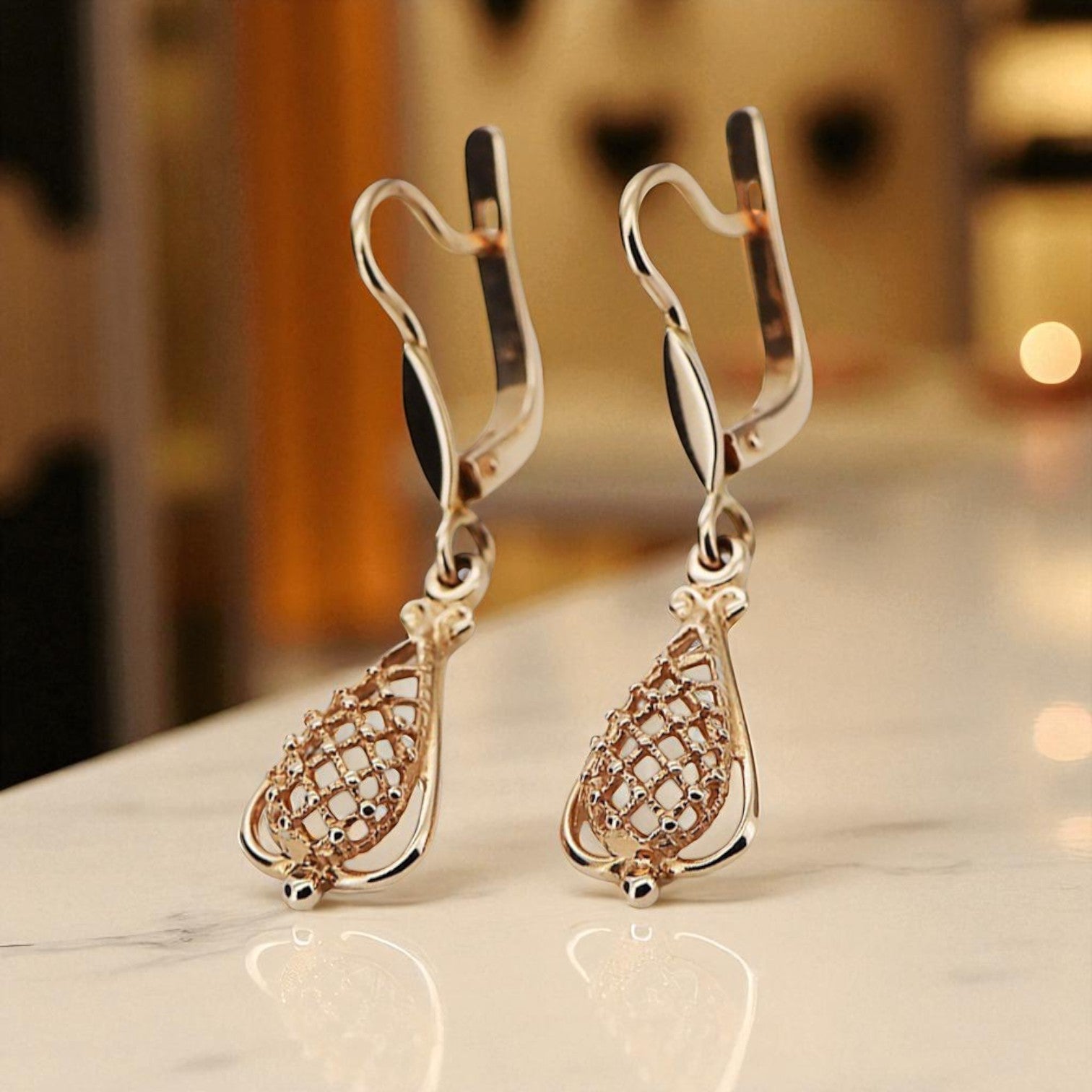 Rose pink 14k 585 gold Vintage leaf earrings ven151