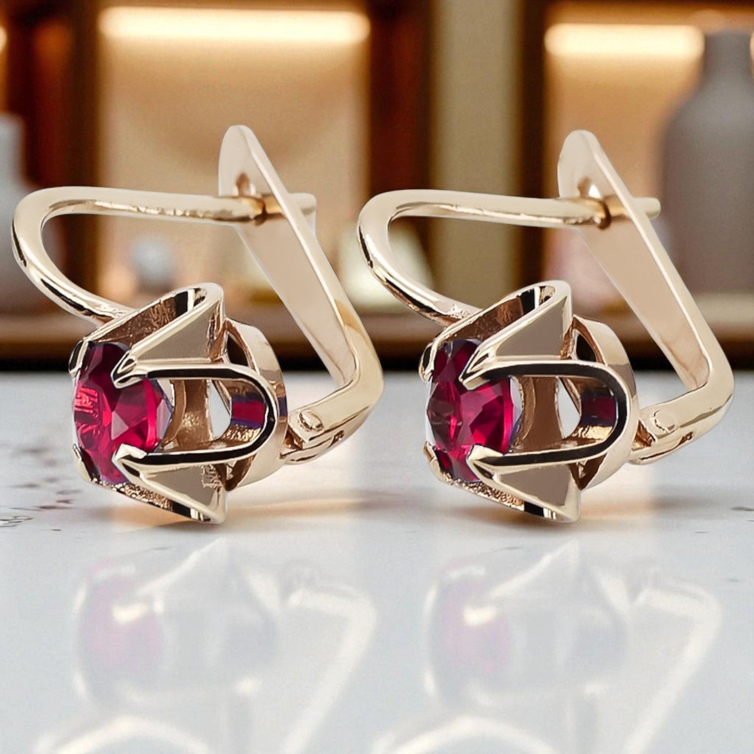 Vintage rose pink 14k 585 gold Ruby earrings vec018 Russian Soviet style