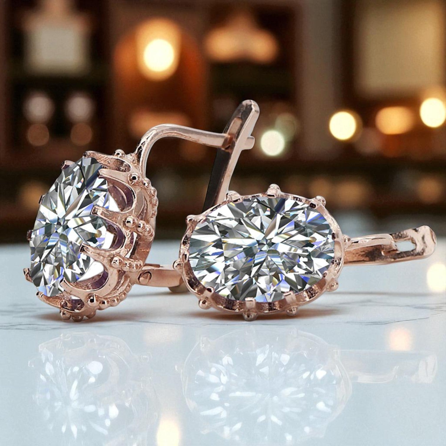 Vintage rose pink 14k 585 gold zircon earrings vec079 Vintage