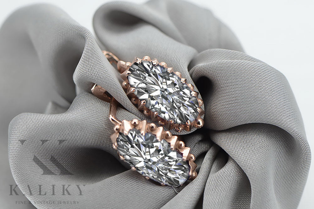 Rose pink 14k 585 gold zircon earrings vec174 Vintage vec174r-zi
