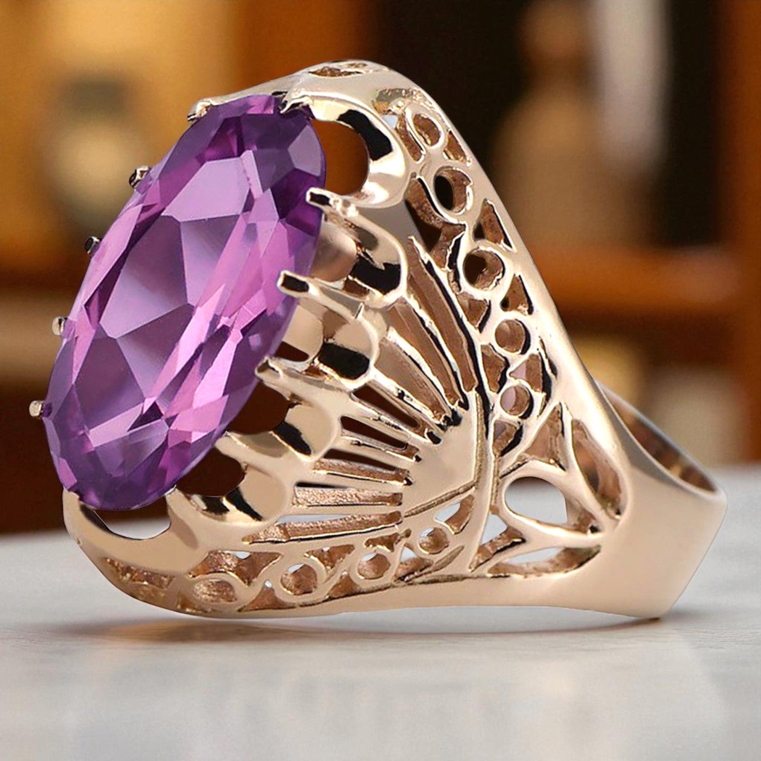 Rose pink 14k gold 585 Amethyst ring vrc020r Russian Soviet Vintage style vrc020r-am