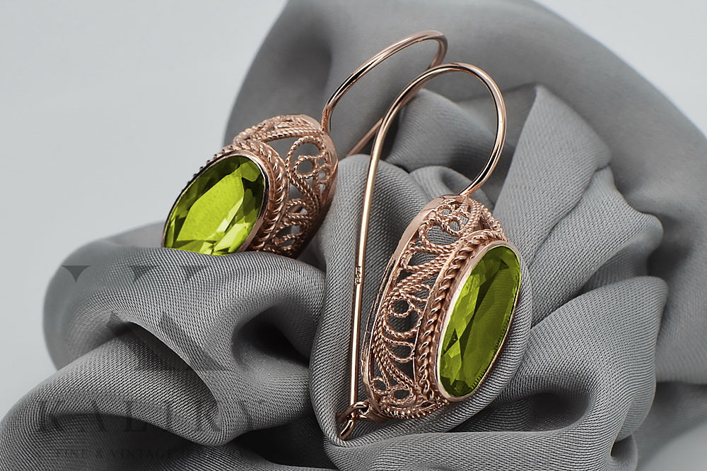 Rose pink 14k 585 gold peridot earrings vec023 Vintage Russian Soviet style vec023r-yp