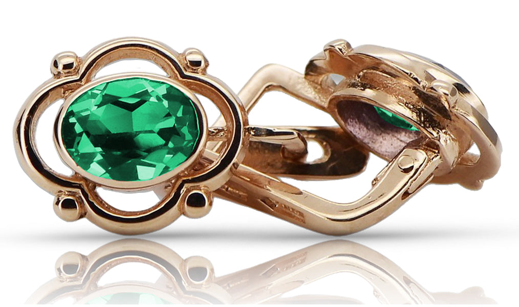 Vintage rose pink 14k 585 gold emerald earrings vec033 Russian Soviet style vec033r-em