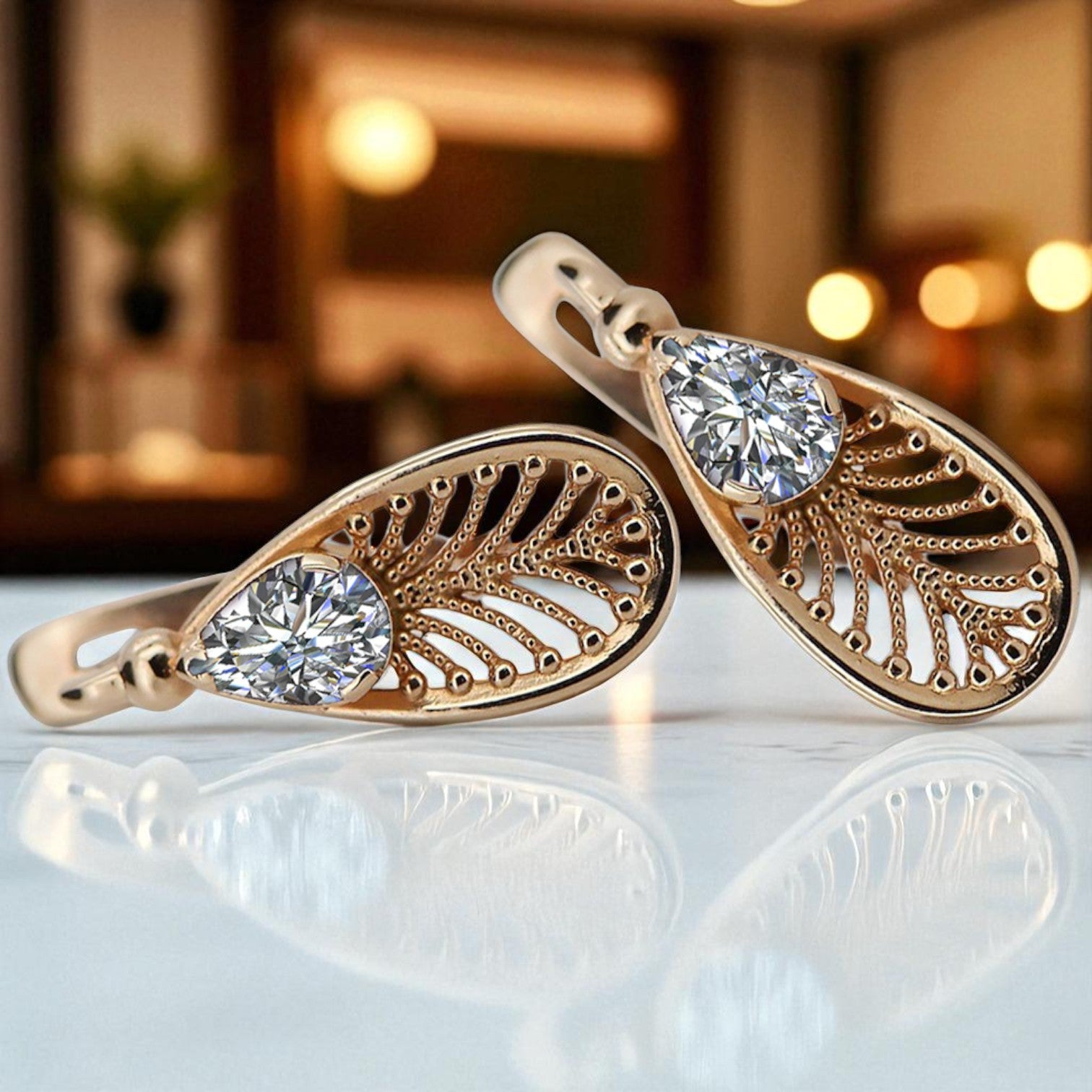 Vintage rose pink 14k 585 gold zircone earrings vec067 Vintage vec067r-zi