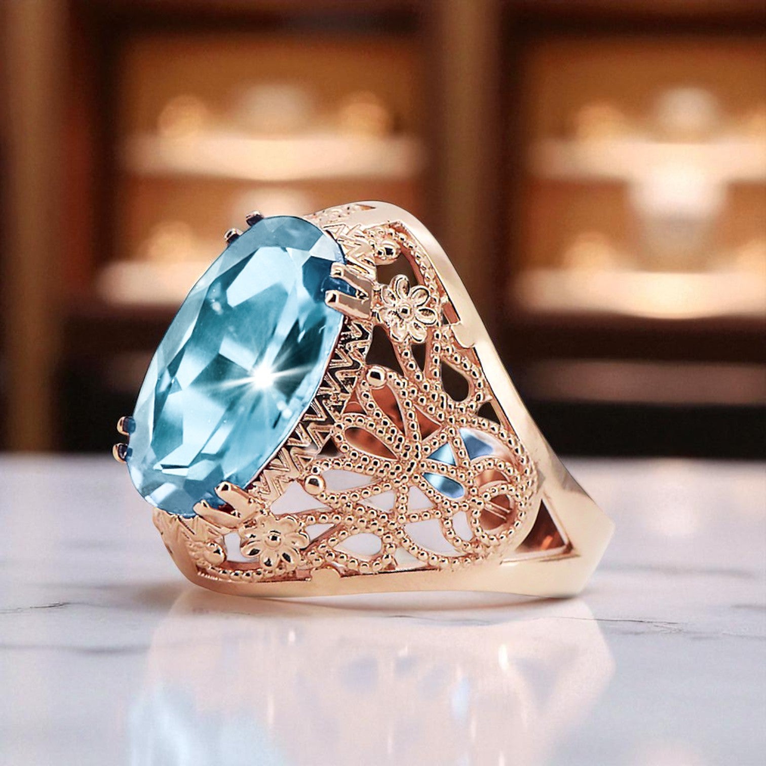 Original Vintage 14K Rose Gold Aquamarine Ring Vintage style vrc074r vrc074r-aq