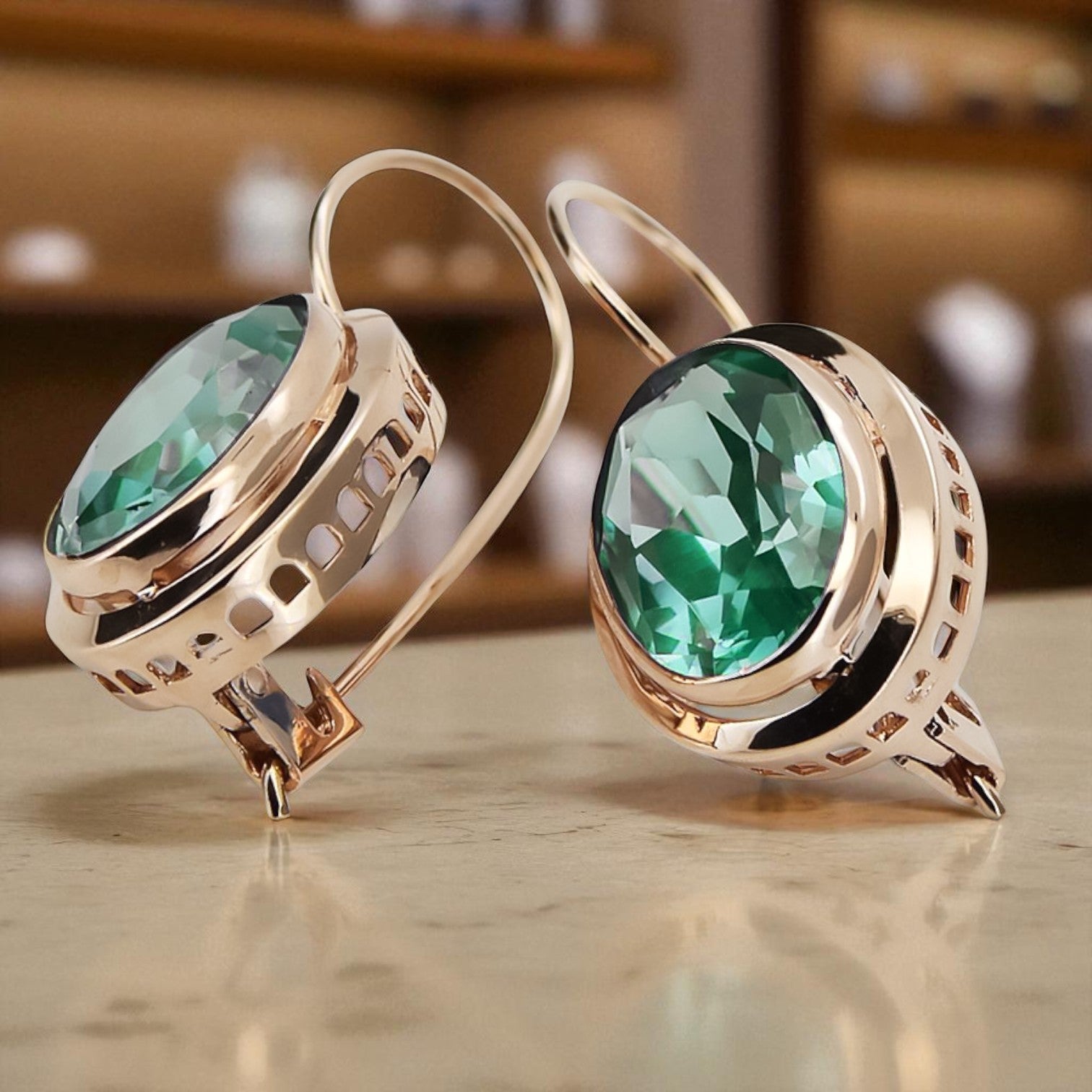 Vintage rose pink 14k 585 gold Emerald earrings vec114 vec114r-em