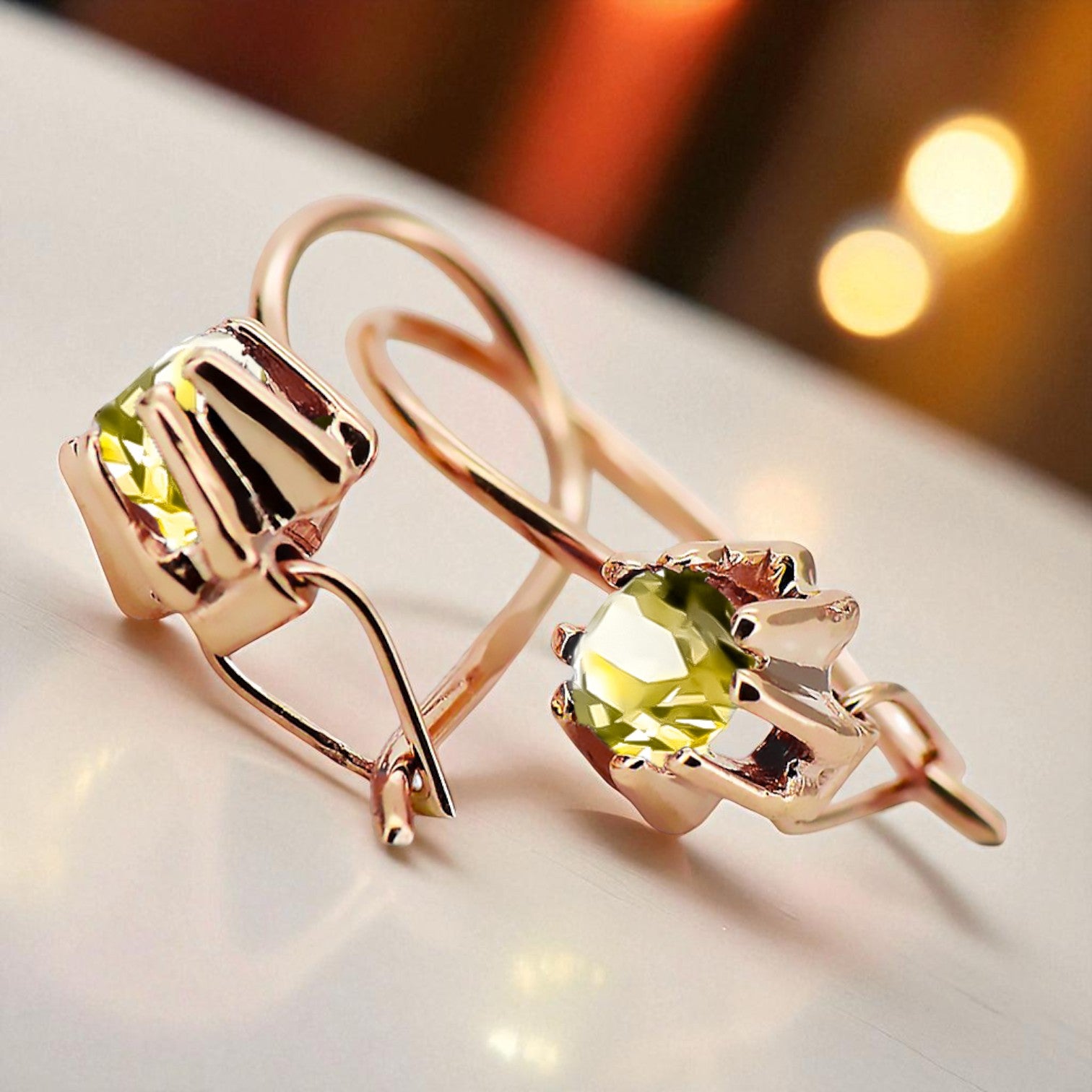 Yellow Peridot Original Vintage 14K Rose Gold Earrings Vintage Jewlery vec053r