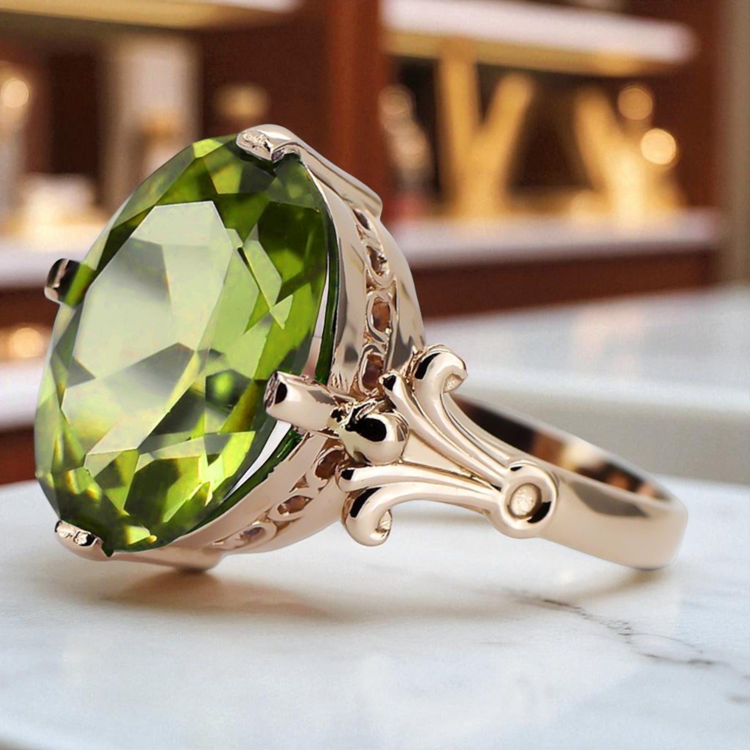 Ring Yellow Peridot Original Vintage 14K Rose Gold Vintage style vrc369r vrc369r-yp