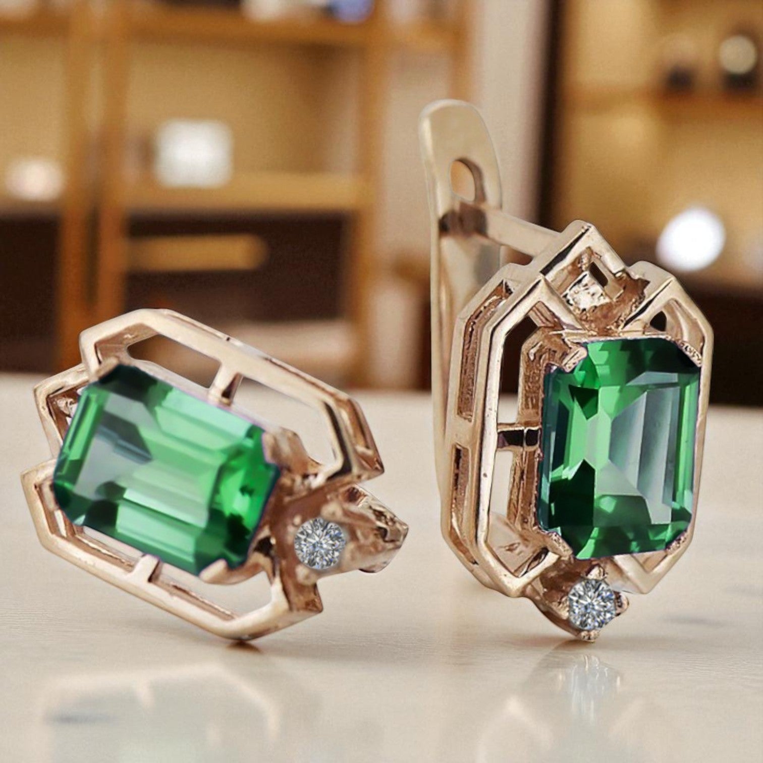 Emerald diamonds Vintage Earrings craft Original 14K Rose Gold vec020r
