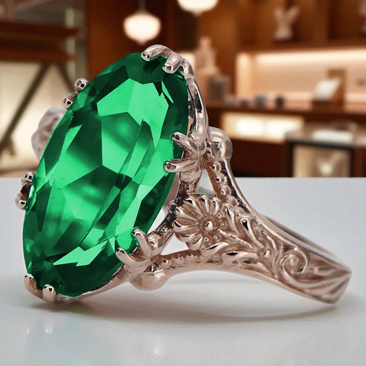 14k Rose Gold Emerald Ring, Vintage Oval 8x15mm