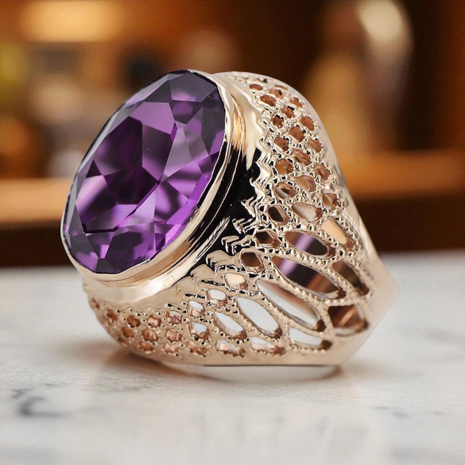 Silver 925 Rose Gold Plated Amethyst Ring vrc089rp Vintage