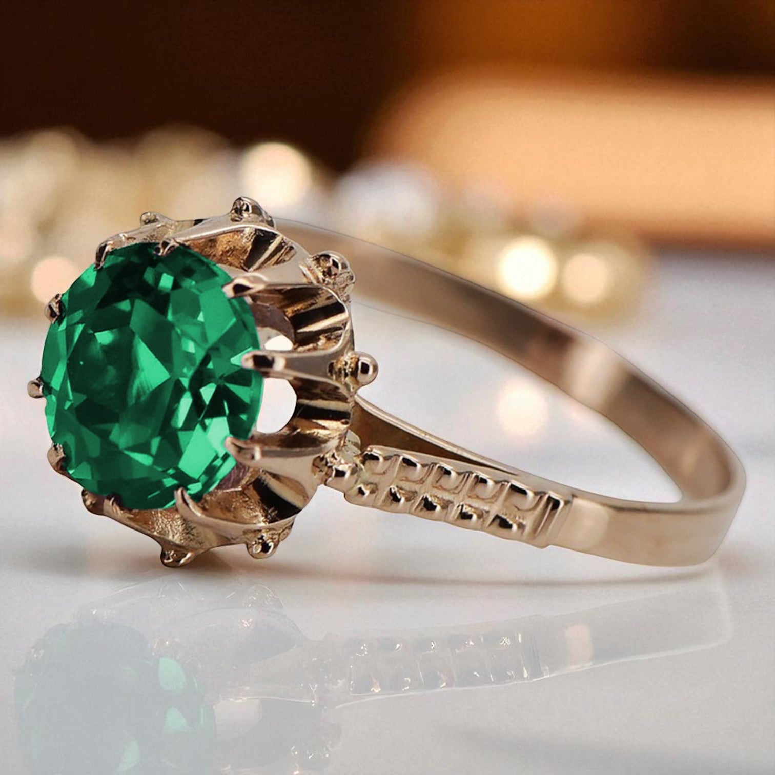 Vintage rose pink 14k gold 585 Emerald ring vrc045 Vintage