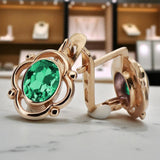 Vintage rose pink 14k 585 gold emerald earrings vec033 Russian Soviet style vec033r-em