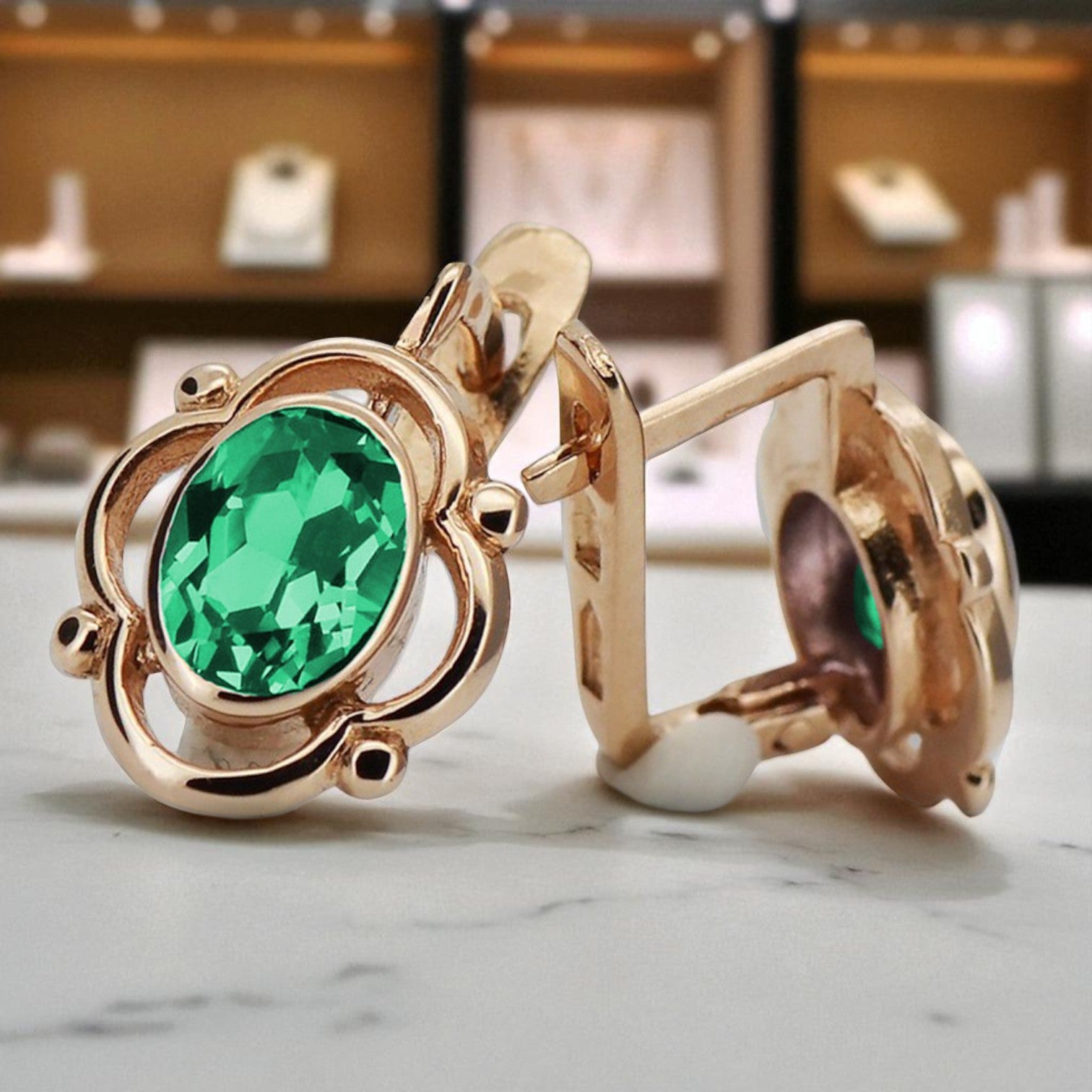 Vintage rose pink 14k 585 gold emerald earrings vec033 Russian Soviet style vec033r-em