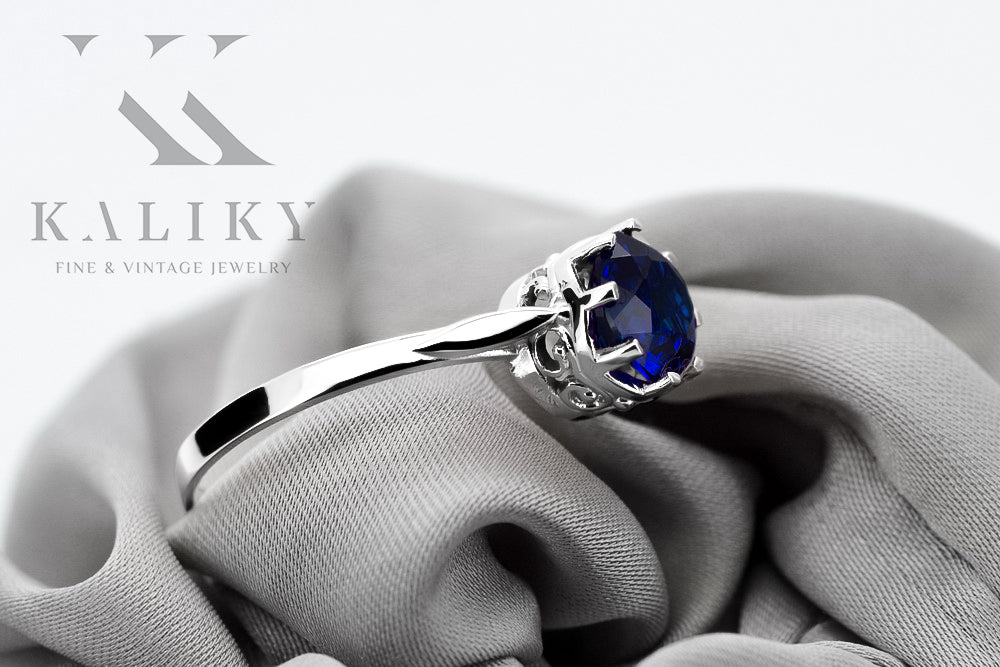 Vintage 925 Silver Sapphire Ring 14k, Round 7.5mm vrc366s-sp