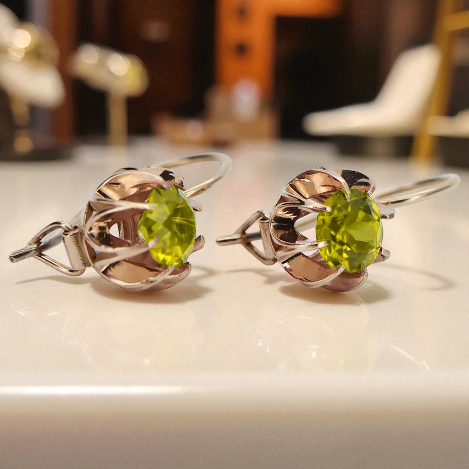 Vintage rose pink 14k 585 gold peridot earrings vec062 vec062r-yp