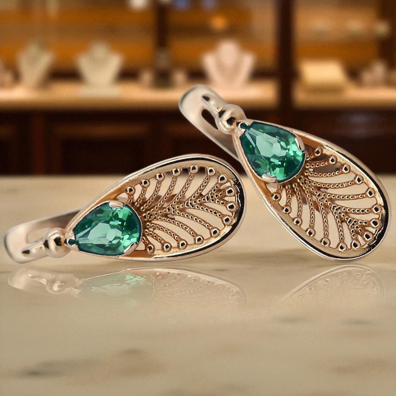 Vintage rose pink 14k 585 gold emerald earrings vec067 Vintage vec067r-em