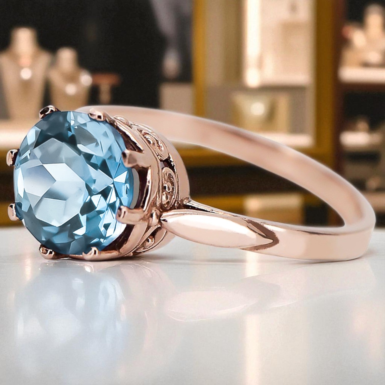 Ring Vintage Jewlery Aquamarine Original Vintage 14K Rose Gold vrc366r vrc366r-aq