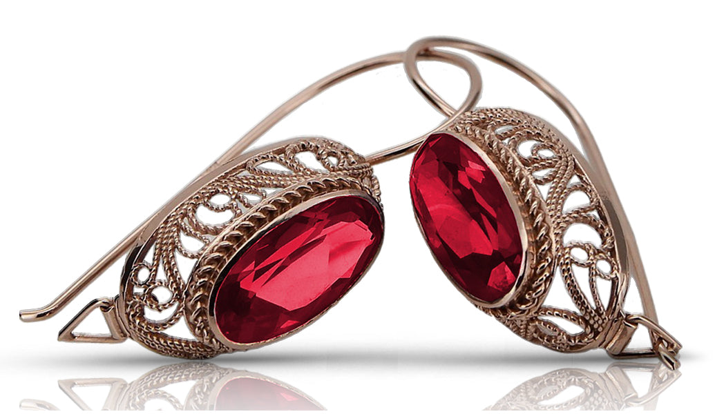 Rose pink 14k 585 gold ruby earrings vec023 Vintage Russian Soviet style