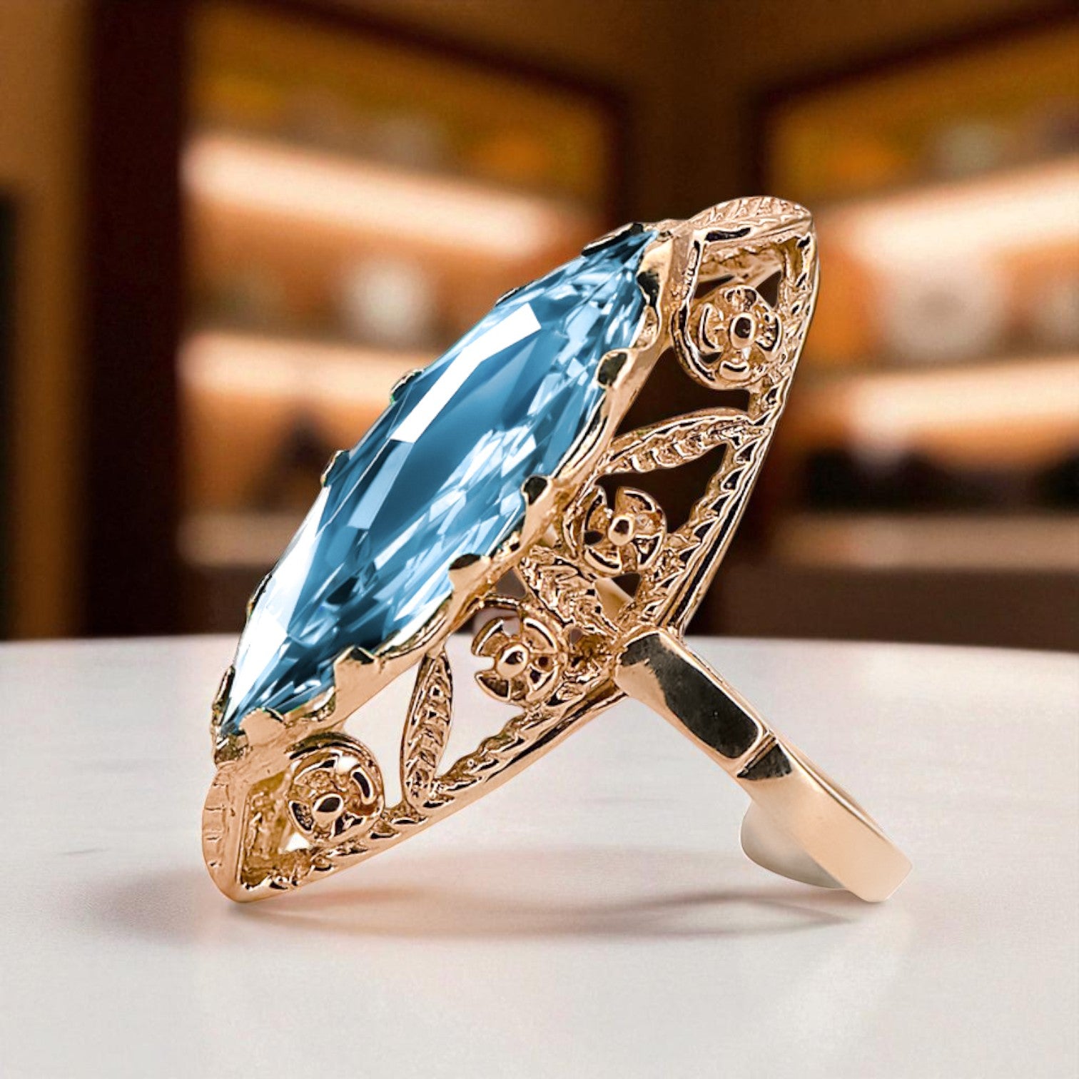 Aquamarine Original Vintage 14K Rose Gold Ring Vintage style vrc005r vrc005r-aq