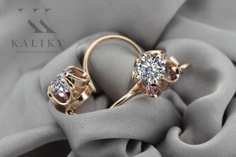 Rose pink 14k 585 gold zircon earrings vec035 Vintage Russian Soviet style