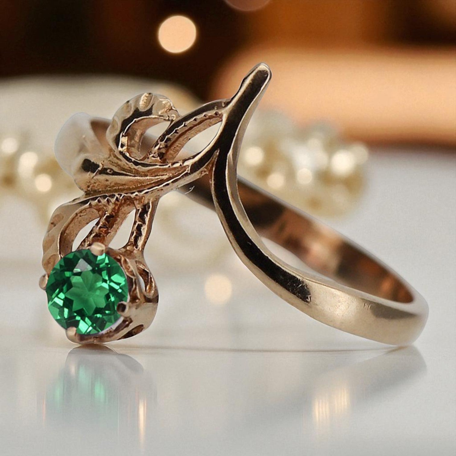 Vintage Rose pink 14k Gold 585 Emerald Ring vrc095 Vintage vrc095r-em