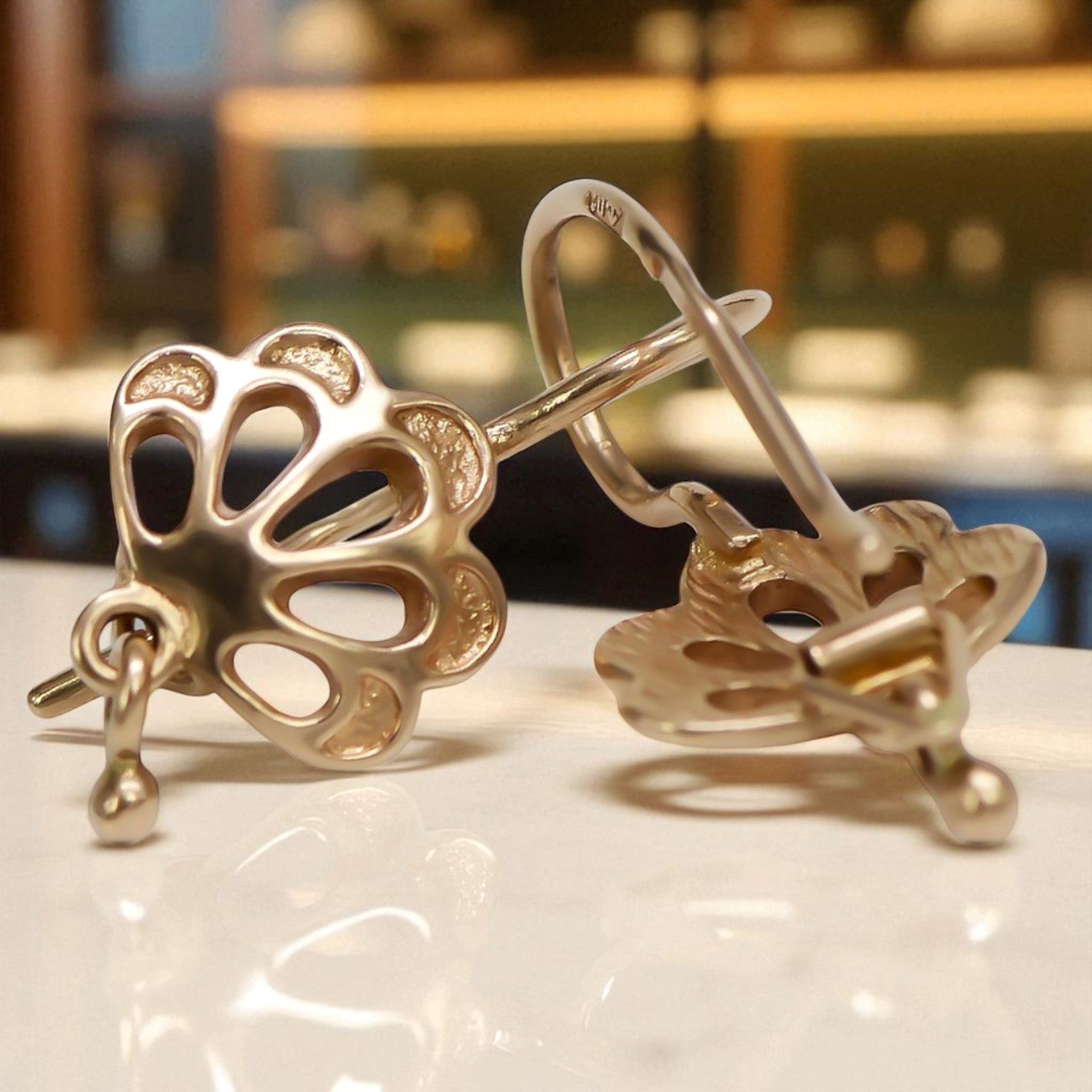 Vintage rose pink 14k 585 gold Vintage leaf earrings ven136