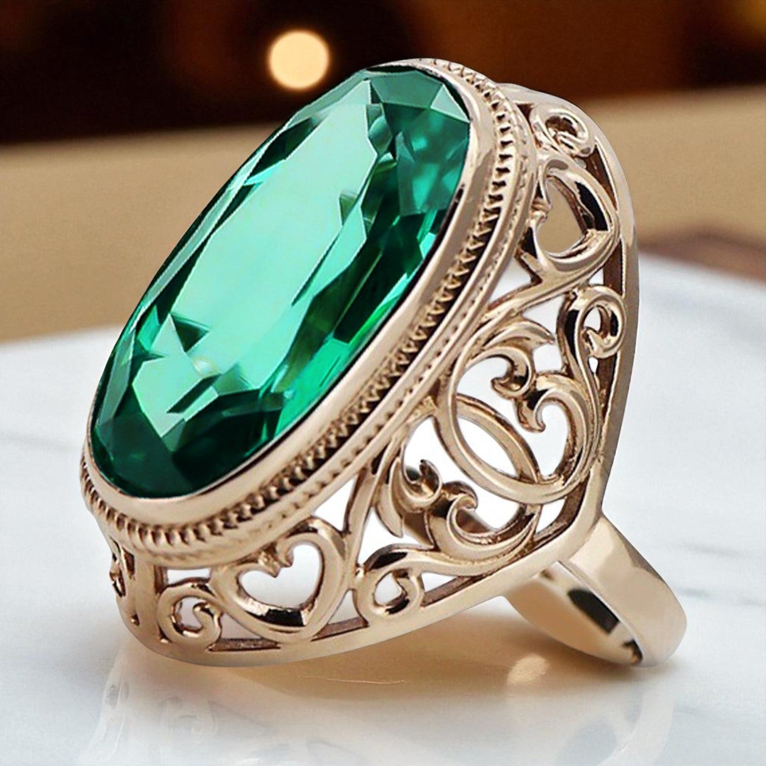 14k Rose Gold Emerald Ring, Vintage Oval Cut