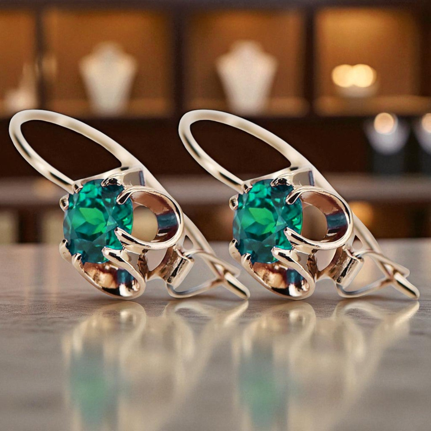 Rose pink 14k 585 gold emerald earrings vec035 Vintage Russian Soviet style vec035r-em
