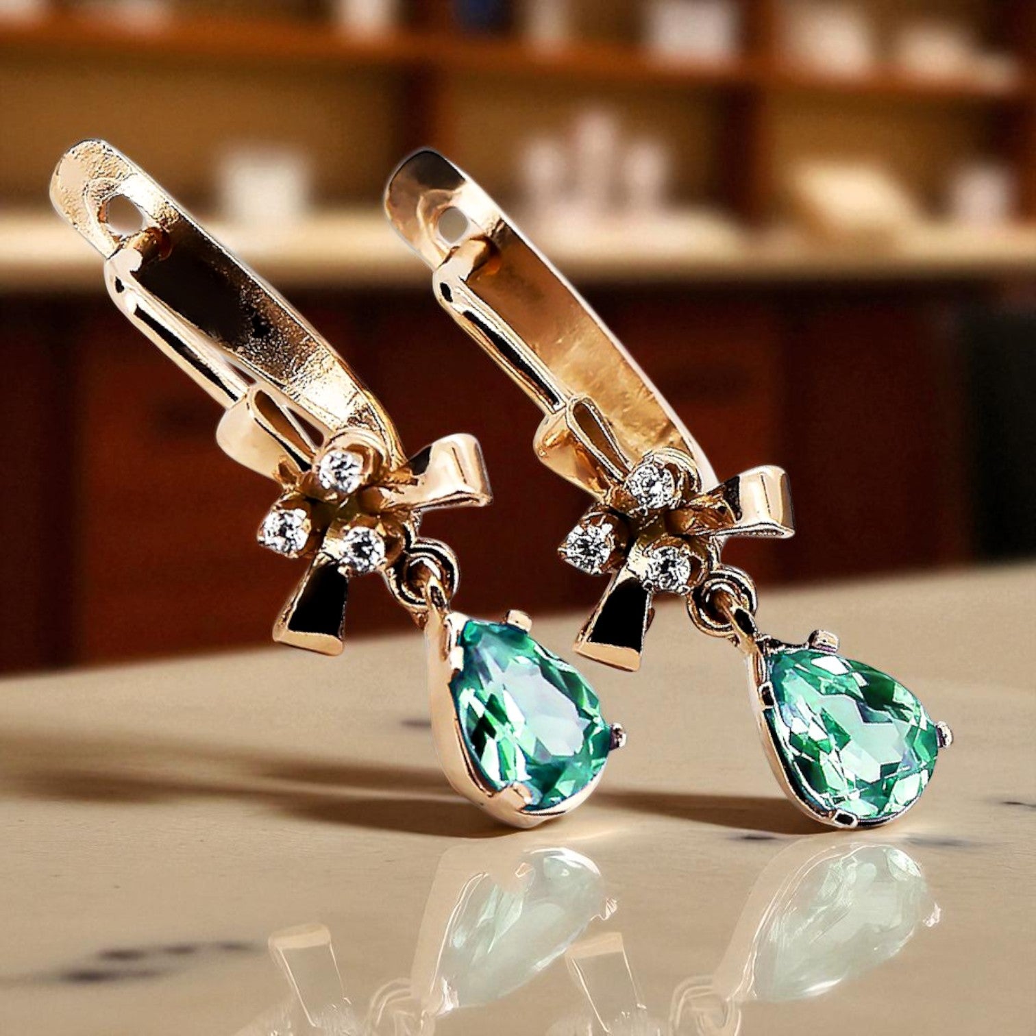 Rose pink 14k 585 gold emerald earrings vec045 Vintage Russian Soviet style