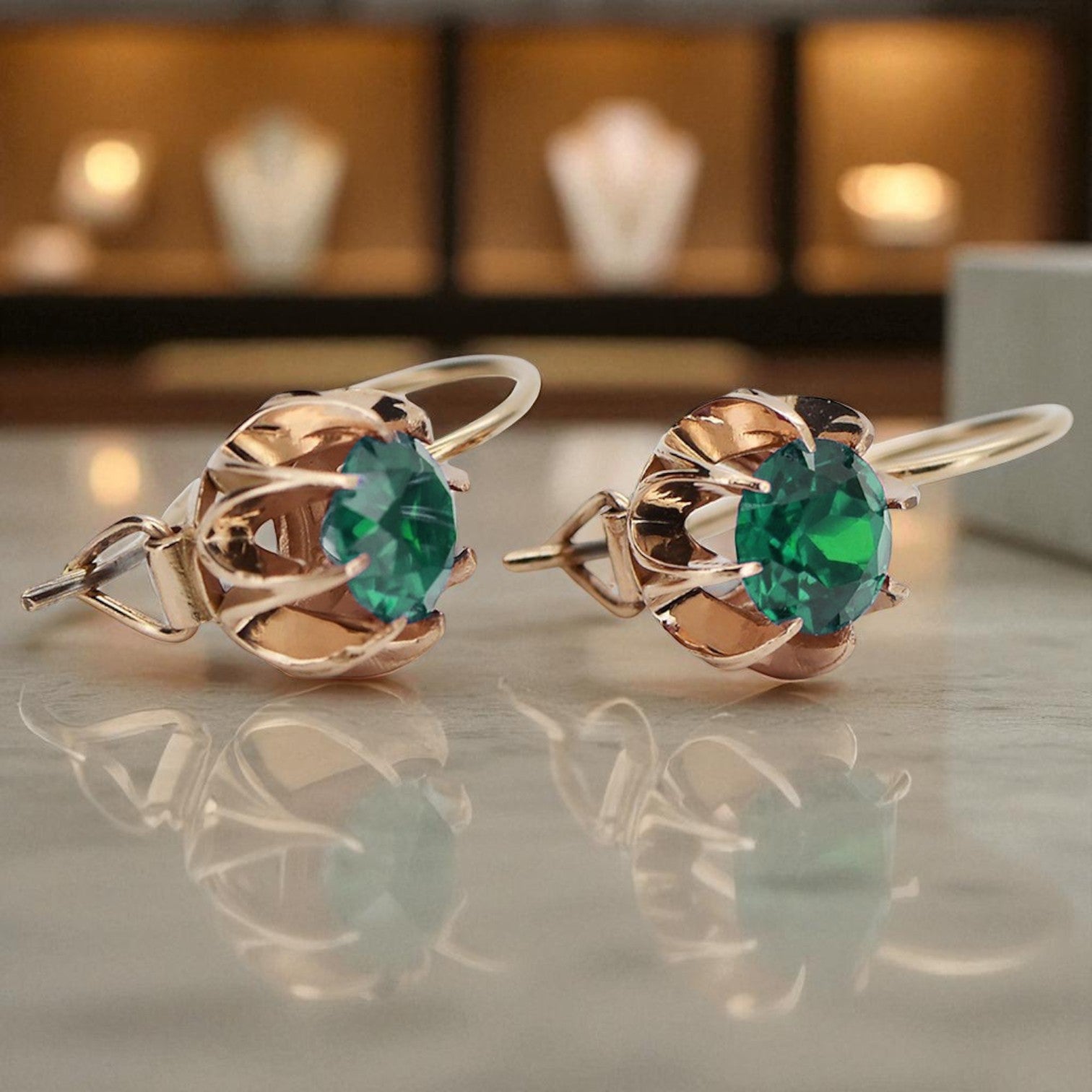 Vintage rose pink 14k 585 gold emerald earrings vec062 vec062r-em