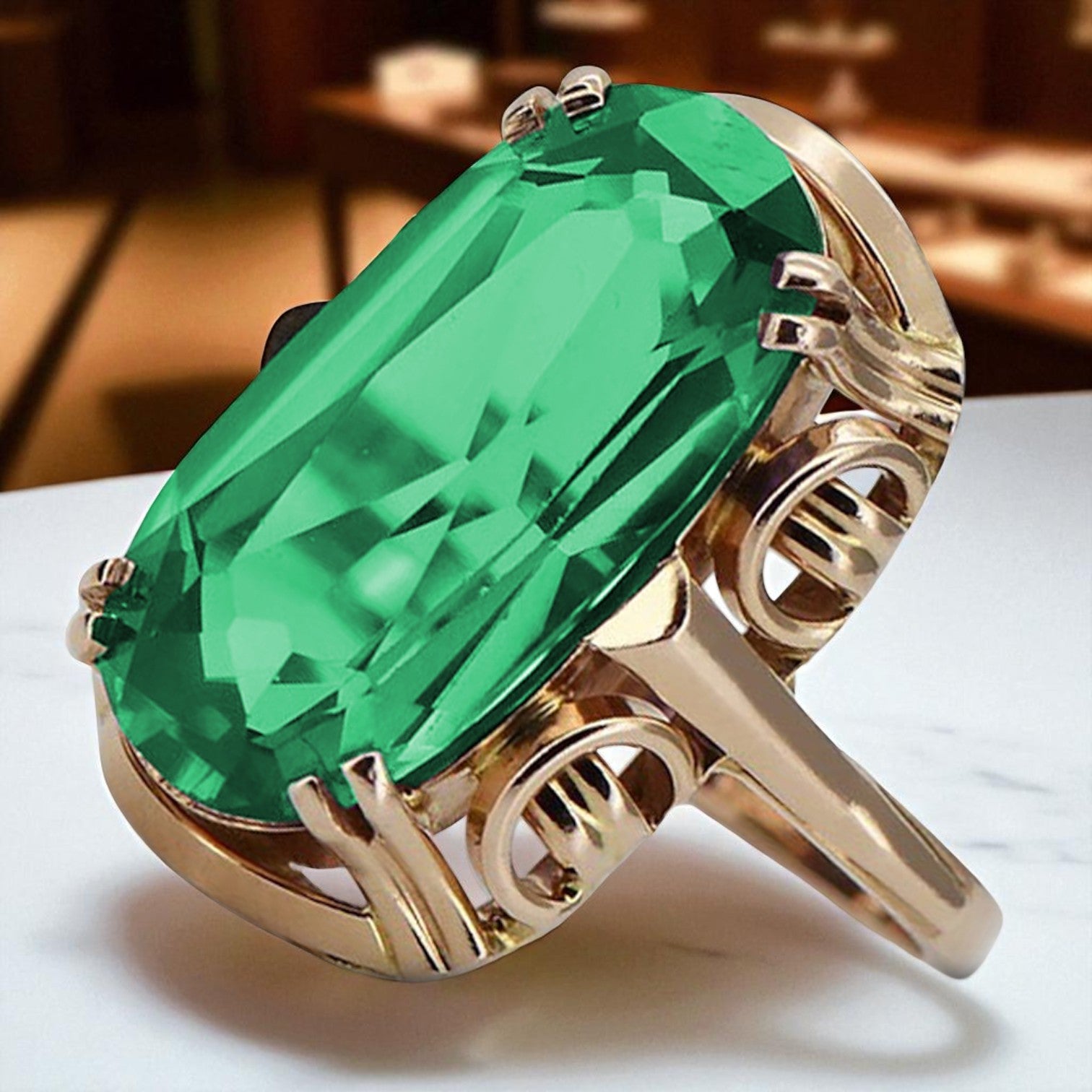 Rose pink 14k gold 585 Emerald ring vrc038r Russian Soviet Vintage style vrc038r-em