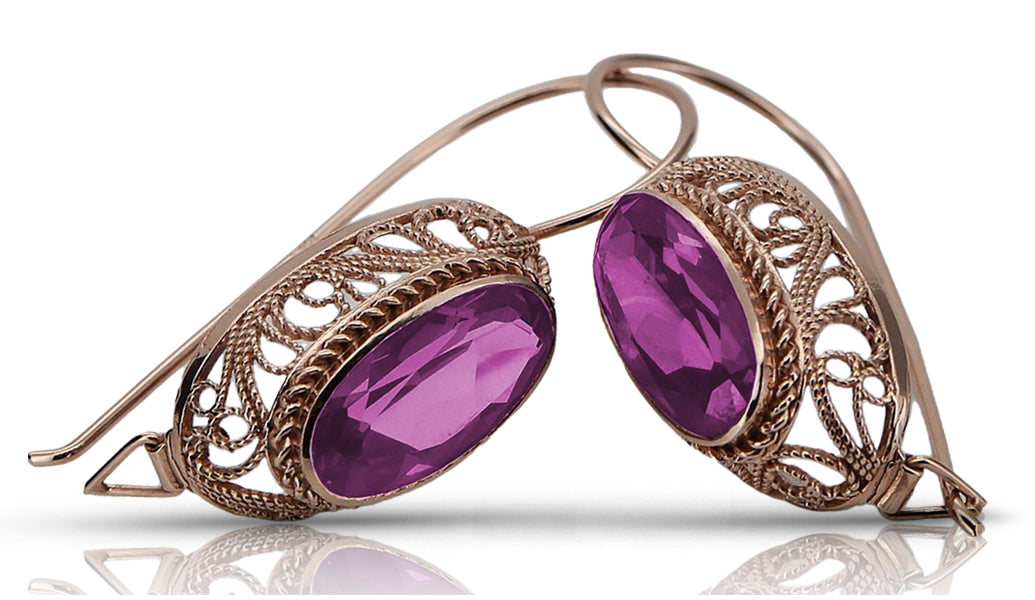 Rose pink 14k 585 gold amethyst earrings vec023 Vintage Russian Soviet style vec023r-am