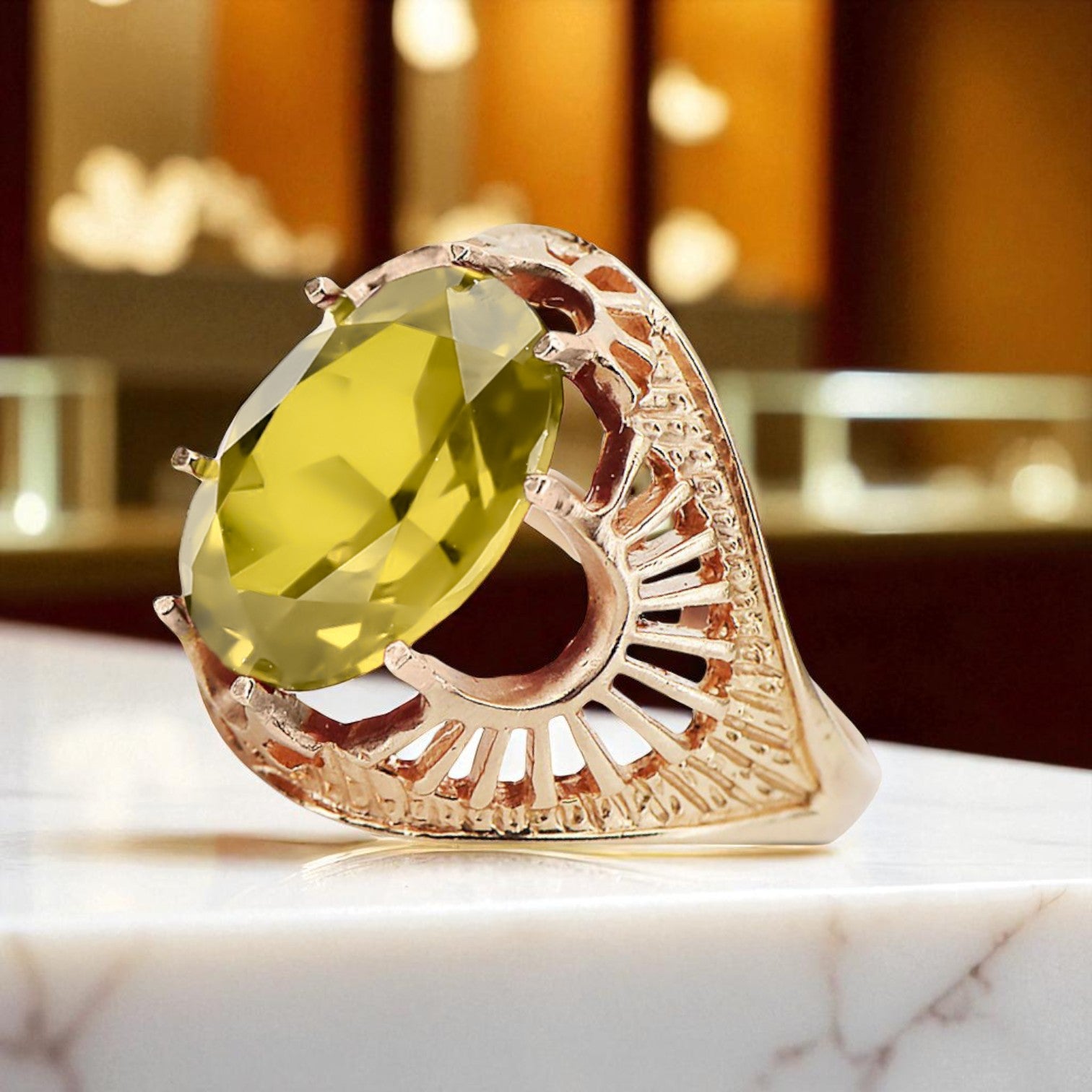 Yellow Peridot Original Vintage 14K Rose Gold Ring Vintage vrc003r vrc003r-yp
