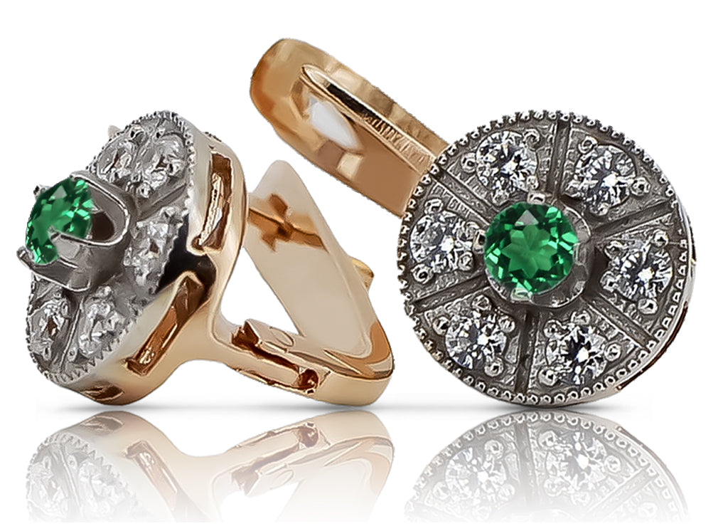 Vintage rose pink 14k 585 gold emerald earrings vec161rw Vintage vec161rw-em