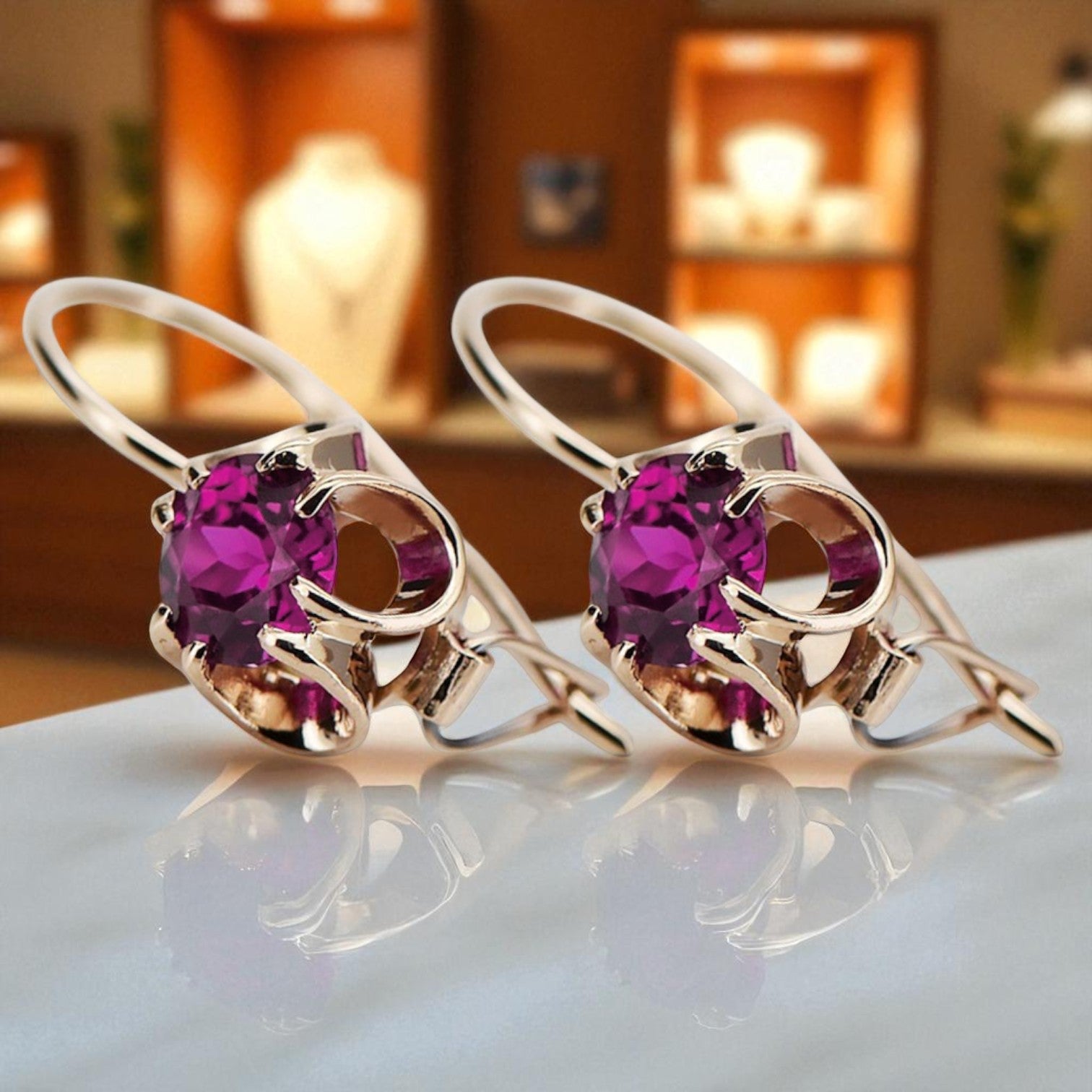 Rose pink 14k 585 gold amethyst earrings vec035 Vintage Russian Soviet style