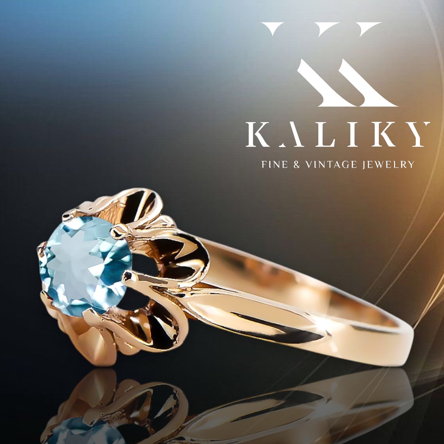 Vintage Ring Aquamarine Original Vintage 14K Rose Gold vrc004r vrc004r-aq
