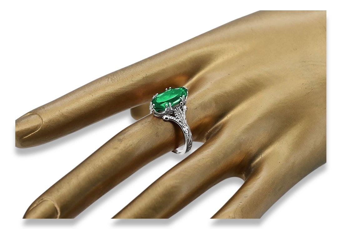 Vintage Silver Emerald Ring 925 Oval Polish vrc084s-em