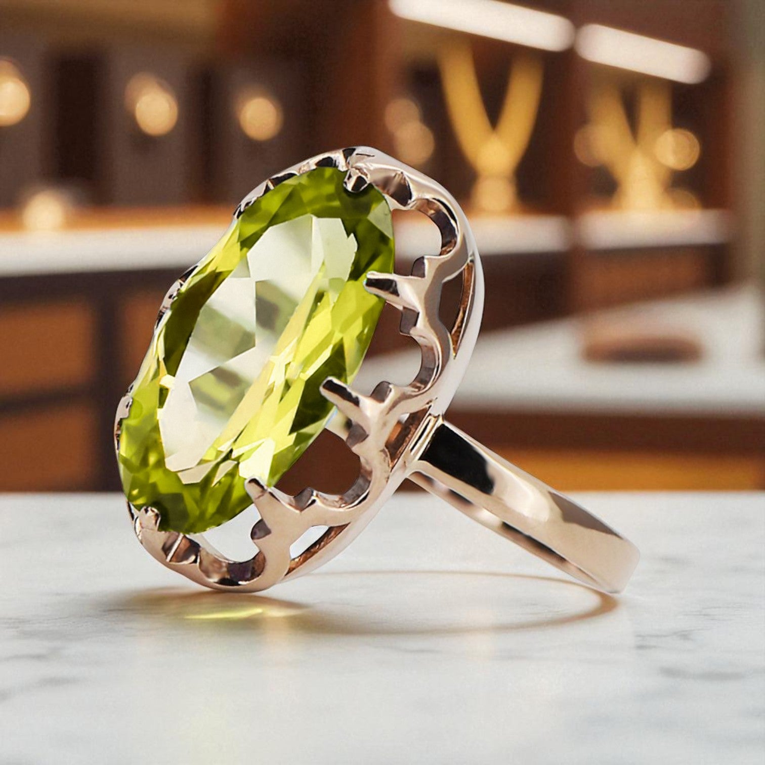 Yellow Peridot Original Vintage 14K Rose Gold Ring Vintage craft vrc253r vrc253r-yp