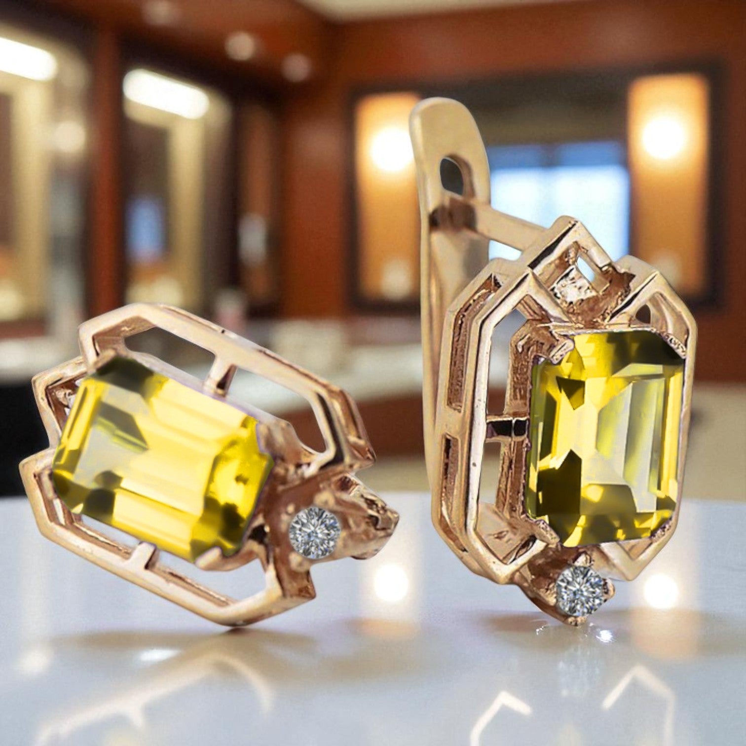 Yellow peridot diamonds Vintage Earrings craft Original 14K Rose Gold vec020r